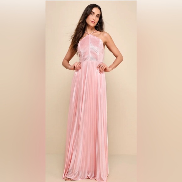 Lulu Elaborate Charm Light Pink Satin Pleated Backless Maxi Dress LG NWT $168.00 - Picture 2 of 10